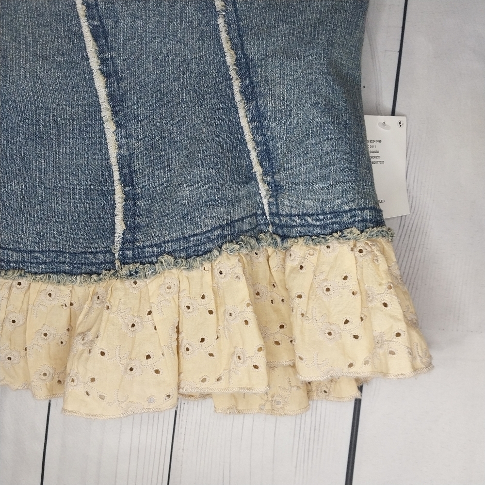 Kimchi Blur Urban Outfitters Denim And Lace Coquette Ruffle Tube Top Size L NWT - Picture 5 of 12